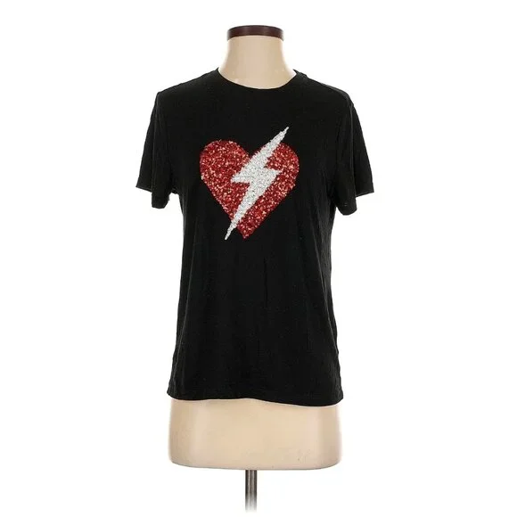 Romeo & Juliet Black Short Sleeve T-Shirt Top Sequin Heart Lightning Bolt Size S - Picture 7 of 9